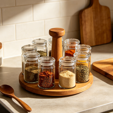 Rotating Spice Storage Jars With Wooden Stand